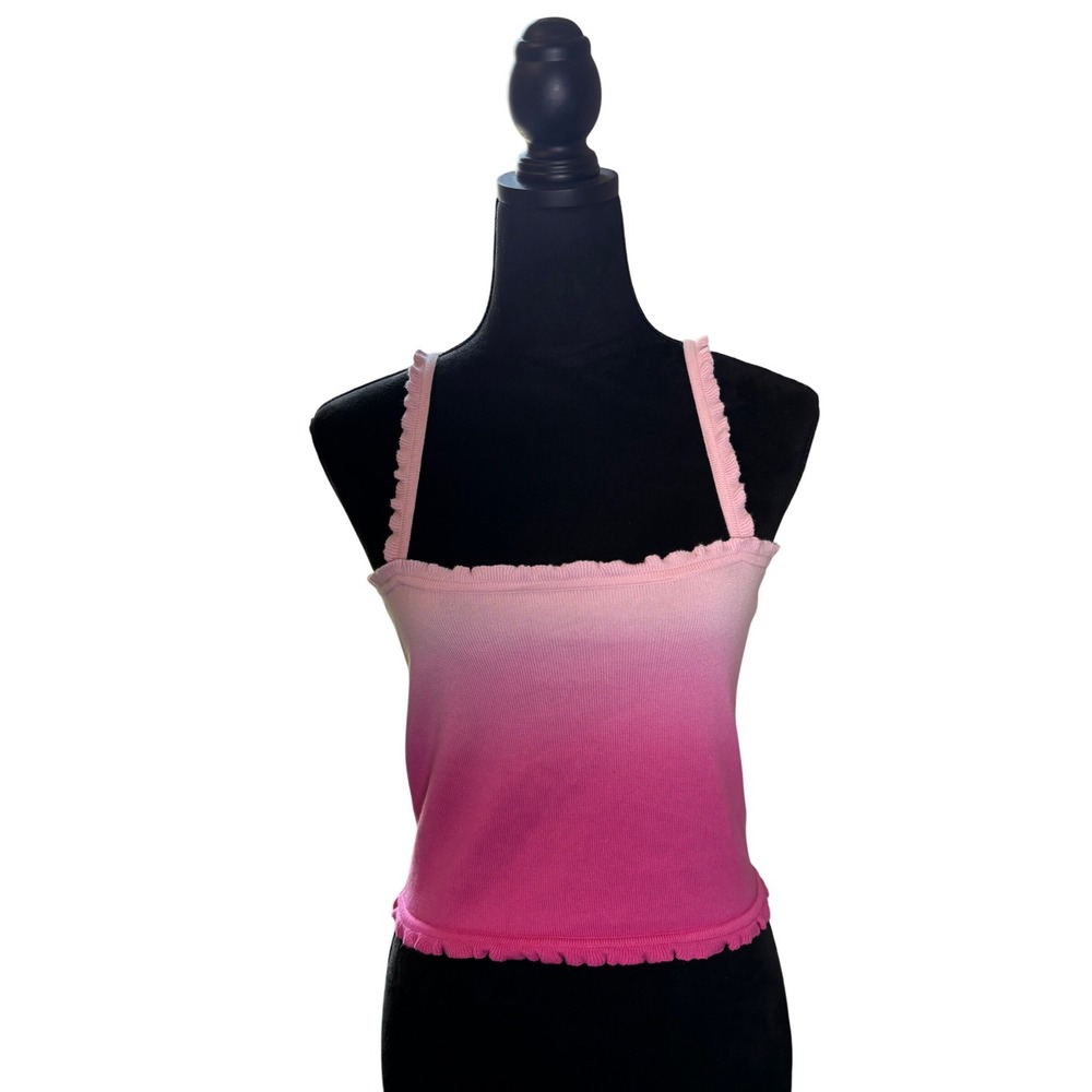 Pink Ombre Crop Top Ruffle Trim Sleeveless Tank‎ Top Casual Cute Size S